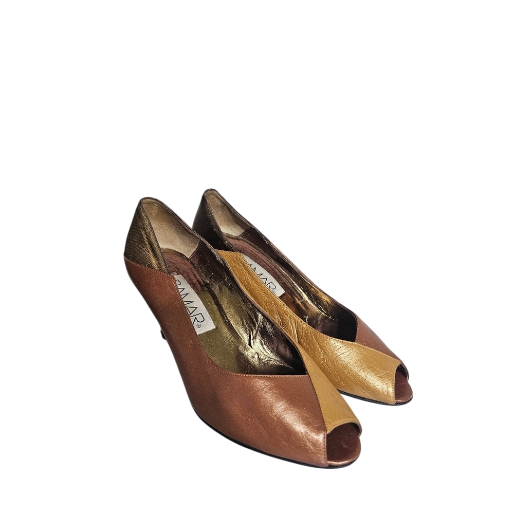 Vintage BAMAR Leather Metallic Colorblock Tan Copper Shoes Size 36 1/2 Italy 6.5